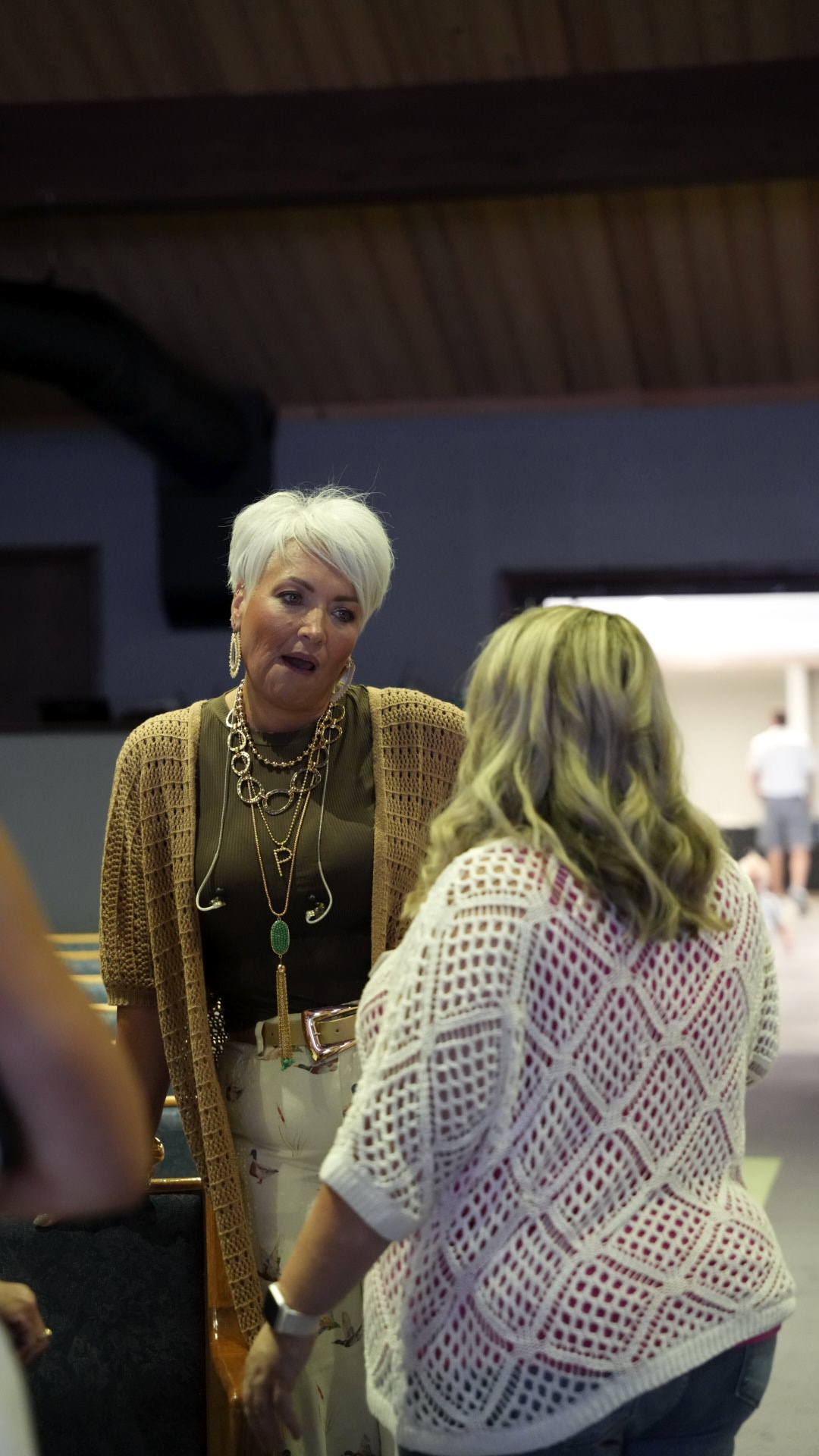 Two church members talking together after a Grandview service